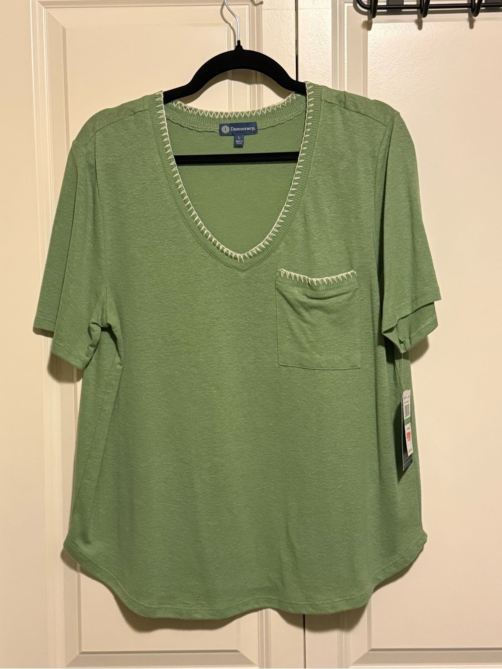 Democracy Light Green V-Neck Short Sleeve Tee with Pocket